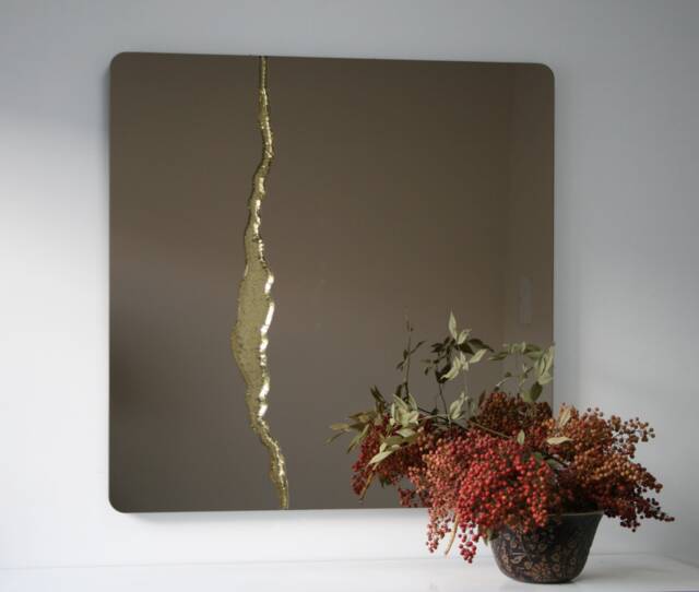Fracture??? Handcrafted Bronze Tinted Square Mirror With Brass Detail - image 1