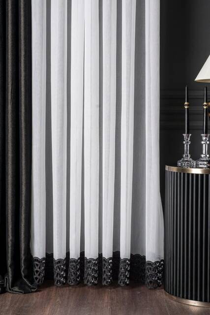 Embroidered Sheer Curtains Black Striped Tulle, Custom Size - image 1