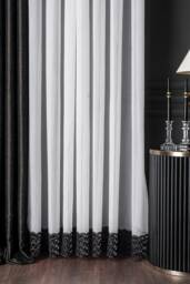 Embroidered Sheer Curtains Black Striped Tulle, Custom Size - thumbnail 1