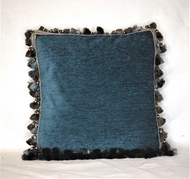 Teal Beige Fringe Chenille Decorative Throw Pillow For Living Room Sofa - image 1