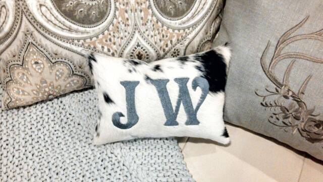 Personalized Cowhide Lumbar Pillow, Embroidered Initial, Farmhouse Decor - image 1