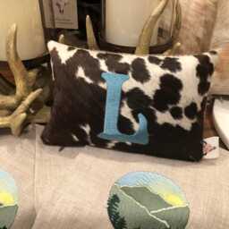 Personalized Cowhide Lumbar Pillow, Embroidered Initial, Farmhouse Decor - thumbnail 3