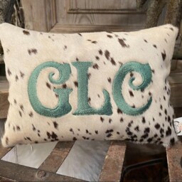 Personalized Cowhide Lumbar Pillow, Embroidered Initial, Farmhouse Decor - thumbnail 2