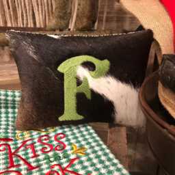 Personalized Cowhide Lumbar Pillow, Embroidered Initial, Farmhouse Decor - thumbnail 4
