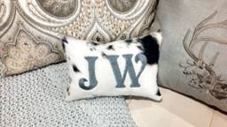 Personalized Cowhide Lumbar Pillow, Embroidered Initial, Farmhouse Decor - thumbnail 1