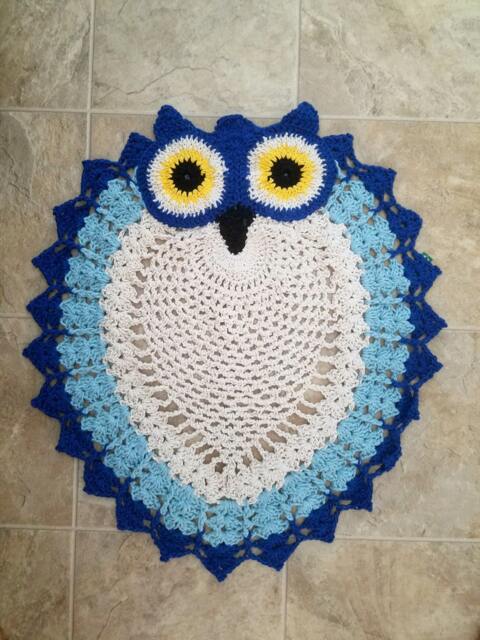 2 Tone Hand Crocheted Dark & Sky Blue With White Chest Owl Rug Grandmillennial - image 1