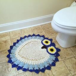 2 Tone Hand Crocheted Dark & Sky Blue With White Chest Owl Rug Grandmillennial - thumbnail 2