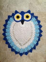 2 Tone Hand Crocheted Dark & Sky Blue With White Chest Owl Rug Grandmillennial - thumbnail 1