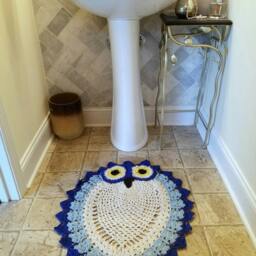 2 Tone Hand Crocheted Dark & Sky Blue With White Chest Owl Rug Grandmillennial - thumbnail 3