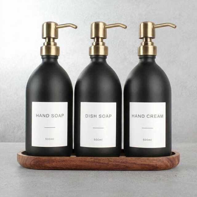 Acacia Tray & Matte Black Dispenser Set - Labelled Refillable Bottle With Gold Pump & Label - For Shampoo, Hand Soap, Cream, Body Wash - image 1