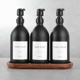 Acacia Tray & Matte Black Dispenser Set - Labelled Refillable Bottle With Gold Pump & Label - For Shampoo, Hand Soap, Cream, Body Wash - thumbnail 2