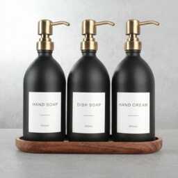 Acacia Tray & Matte Black Dispenser Set - Labelled Refillable Bottle With Gold Pump & Label - For Shampoo, Hand Soap, Cream, Body Wash - thumbnail 1