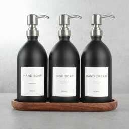 Acacia Tray & Matte Black Dispenser Set - Labelled Refillable Bottle With Gold Pump & Label - For Shampoo, Hand Soap, Cream, Body Wash - thumbnail 3