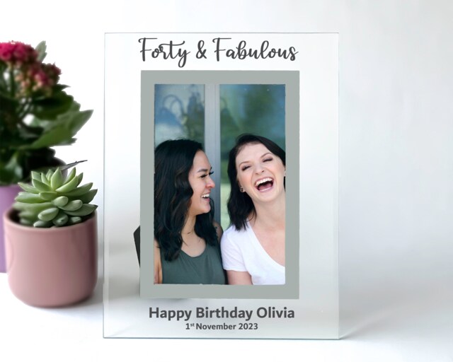 40Th Birthday Gifts, Photo Frame, Personalised 40 & Fabulous Gift, Frame For Friend Her Or Him Clear Black Glass - image 1