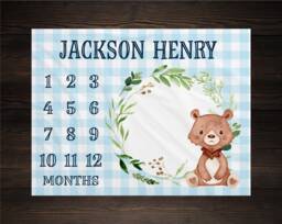 Woodland Milestone Blanket Monthly Growth Tracker Soft Fleece Bear Baby Shower Gift Newborn Watch Me Grow Boy - thumbnail 1