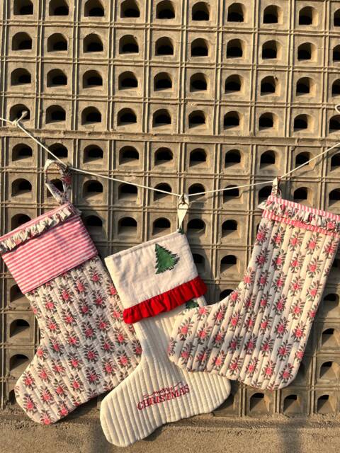 Set Of 3 Block Printed Christmas Stockings Quilted Cotton Holiday Decor - image 1