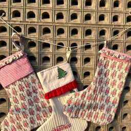 Set Of 3 Block Printed Christmas Stockings Quilted Cotton Holiday Decor - thumbnail 2