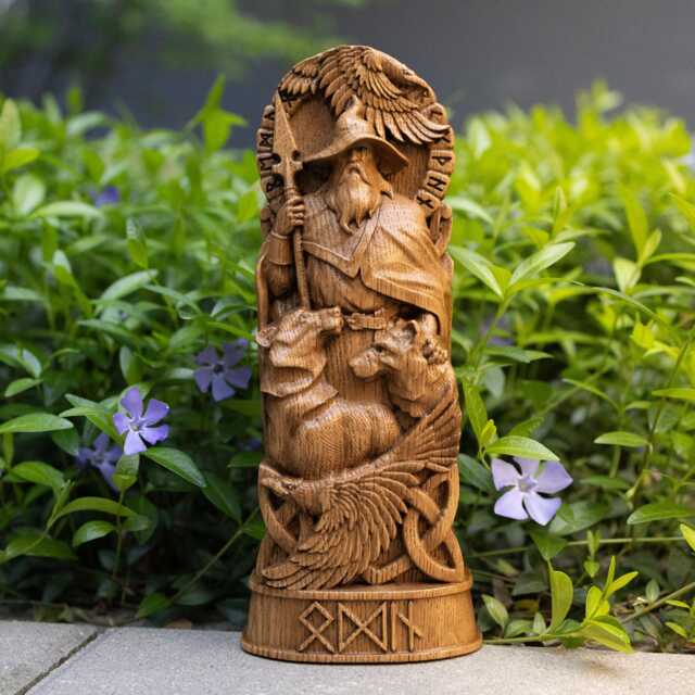 Hand Carved Oak Odin Statue Norse God Altar, Viking Decor - image 1