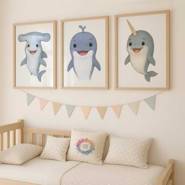 Ocean Nursery Prints - 30 Design Choices, Hammerhead, Whale, Narwhal, Baby Bedroom Decor, Boys Girls Print, Kids Sea Life Wall Art - image 1