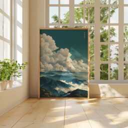 Mountain Landscape Poster, Japanese Style Art Print, Green & Blue Wall - thumbnail 4
