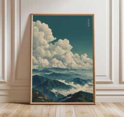 Mountain Landscape Poster, Japanese Style Art Print, Green & Blue Wall