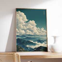 Mountain Landscape Poster, Japanese Style Art Print, Green & Blue Wall - thumbnail 2