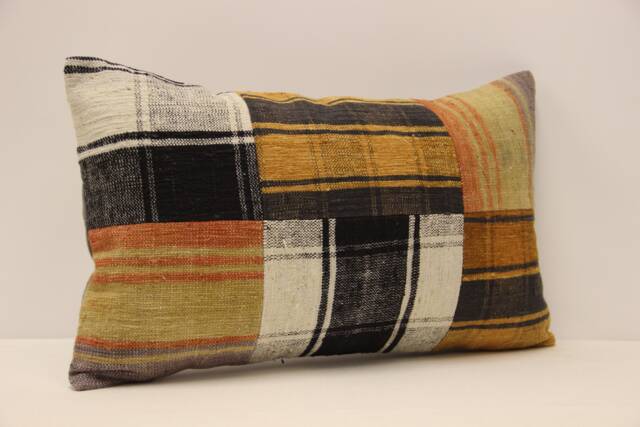 Turkish Kilim Pillow Cover, Patchwork Wool Lumbar Cushion - 12x20 In - image 1