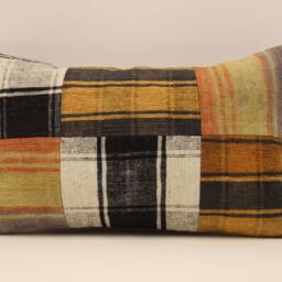 Turkish Kilim Pillow Cover, Patchwork Wool Lumbar Cushion - 12x20 In - thumbnail 2