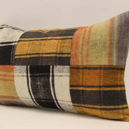 Turkish Kilim Pillow Cover, Patchwork Wool Lumbar Cushion - 12x20 In - thumbnail 3