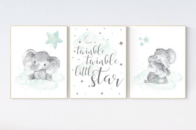 Elephant Nursery Art Print Mint Aqua Moon & Stars - image 1