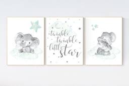 Elephant Nursery Art Print Mint Aqua Moon & Stars - thumbnail 1