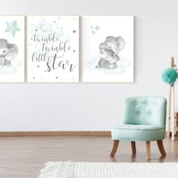 Elephant Nursery Art Print Mint Aqua Moon & Stars - thumbnail 2