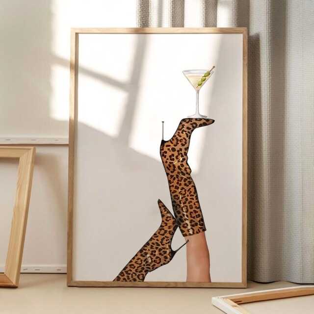 Leopard Boots Martini Art Canvas Poster, Wall Art, Apartment Aesthetic Decor, Retro Home Printed Gift - image 1