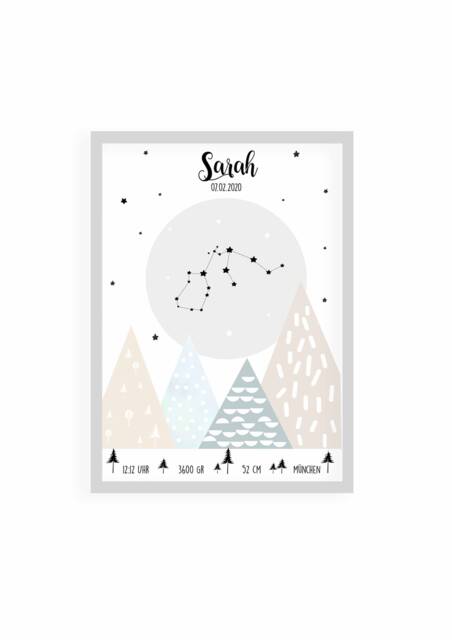 Birth Announcement, Children's Room Poster, Birth Gift, Baptism Zodiac Sign Picture, Name, Mountains, Stars Poster - image 1