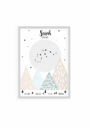 Birth Announcement, Children's Room Poster, Birth Gift, Baptism Zodiac Sign Picture, Name, Mountains, Stars Poster - thumbnail 1