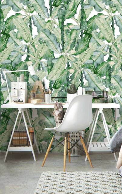 Aquarelle Banana Leaves Wallpaper, Tropical Wall Mural, Self Adhesive, Removable Exotic Decal, Jungle Wallpaper #118 - image 1