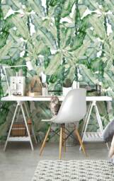 Aquarelle Banana Leaves Wallpaper, Tropical Wall Mural, Self Adhesive, Removable Exotic Decal, Jungle Wallpaper #118