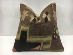 Vintage Turkish Kilim Pillow Cover, Handwoven Rustic Accent Pillow, 16x16 - thumbnail 1