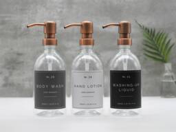 Refillable Plastic Dispenser Bottle Copper Pump, Vintage Style Label - thumbnail 1