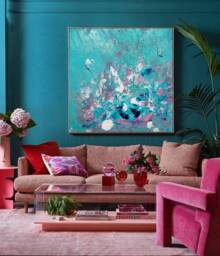 "Teal Floral Wall Art, Turquoise Blush Pink Abstract Painting, Texture Canvas Boho Art Living Room Decor "