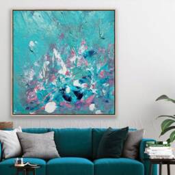 Teal Floral Wall Art, Turquoise Blush Pink Abstract Painting, Texture Canvas Boho Art Living Room Decor - thumbnail 2