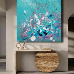 Teal Floral Wall Art, Turquoise Blush Pink Abstract Painting, Texture Canvas Boho Art Living Room Decor - thumbnail 3