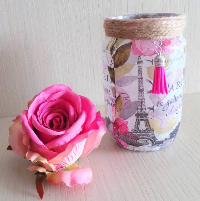 Paris Eiffel Tower Lantern Pink Floral Decoupage Candle Holder - image 1