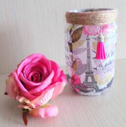 Paris Eiffel Tower Lantern Pink Floral Decoupage Candle Holder - thumbnail 1