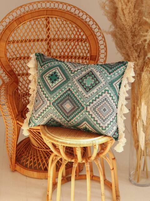Sea Green Mosaic Cushion With Fringe, Decorative Pillow, Sofa Cushion, Pillow For Living Room, Modern Pillows Exclusive - image 1
