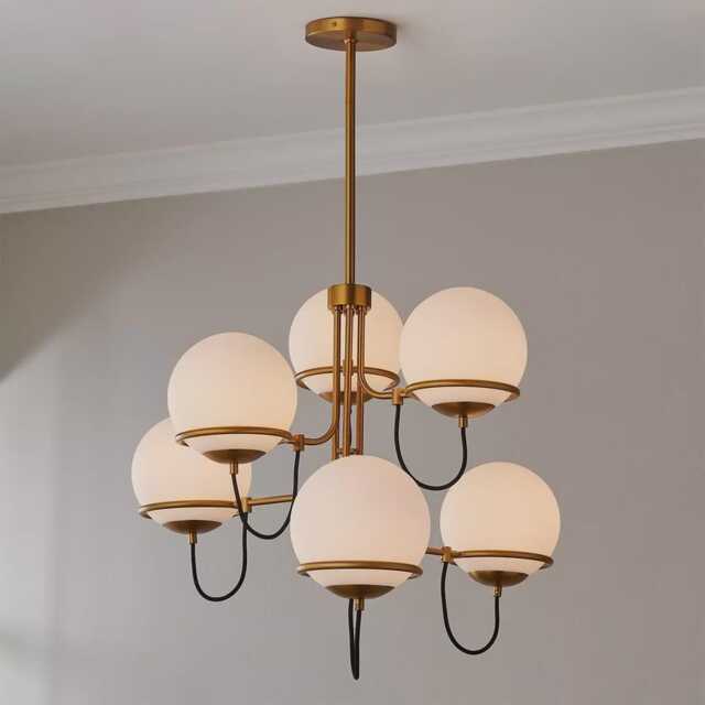 1950's Mid Century 6 Light Celling Flush Mount Fixture Pendant Cosmic Duo Regolith Modern Brass Starscape Chandelier - image 1