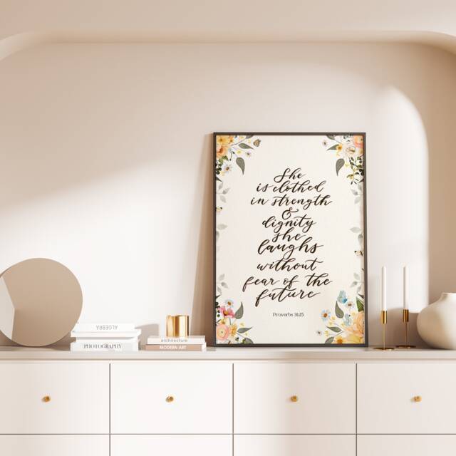 Proverbs 31 Print She Is Clothed in Strength & Dignity Bible Verse Wall Art Christian Gift For Women Modern - image 1