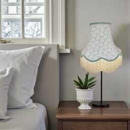 Handcrafted William Morris Sweet Briar Fabric Lamp Shades Green Braid, Cream Fringe - Handmade in The UK - thumbnail 3