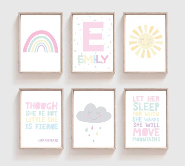 Set Of 6 Girls Nursery Prints, Rainbow Wall Art, Bedroom Decor, Quotes, Art - image 1