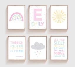 Set Of 6 Girls Nursery Prints, Rainbow Wall Art, Bedroom Decor, Quotes, Art - thumbnail 1